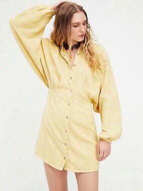Free People Moni Mini Dress, yellow button down shirt dress small